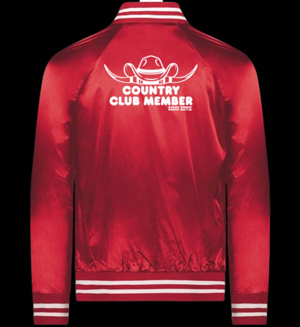 Red satin jacket with white stripes and a cowboy hat graphic on the back; retro western style.