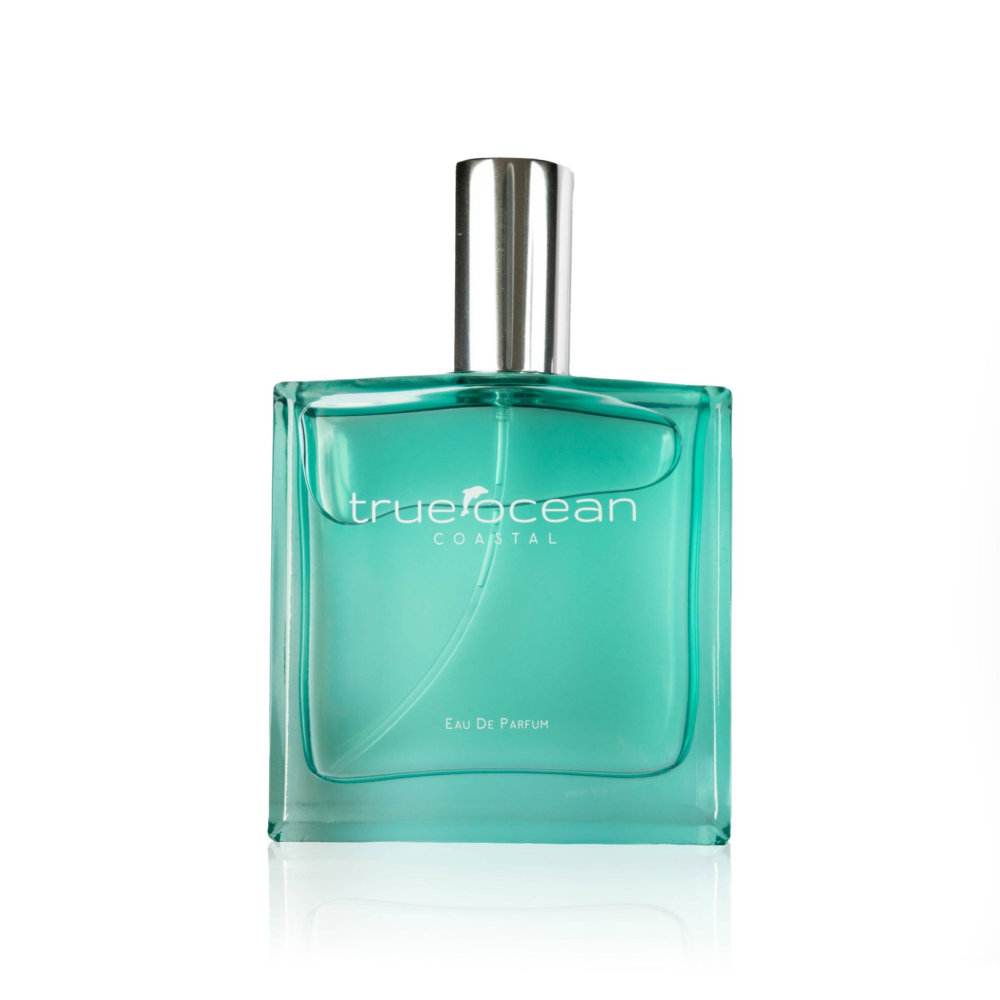 Teal rectangular perfume bottle with a silver cap on a white background. Suitable for personal fragrance use.