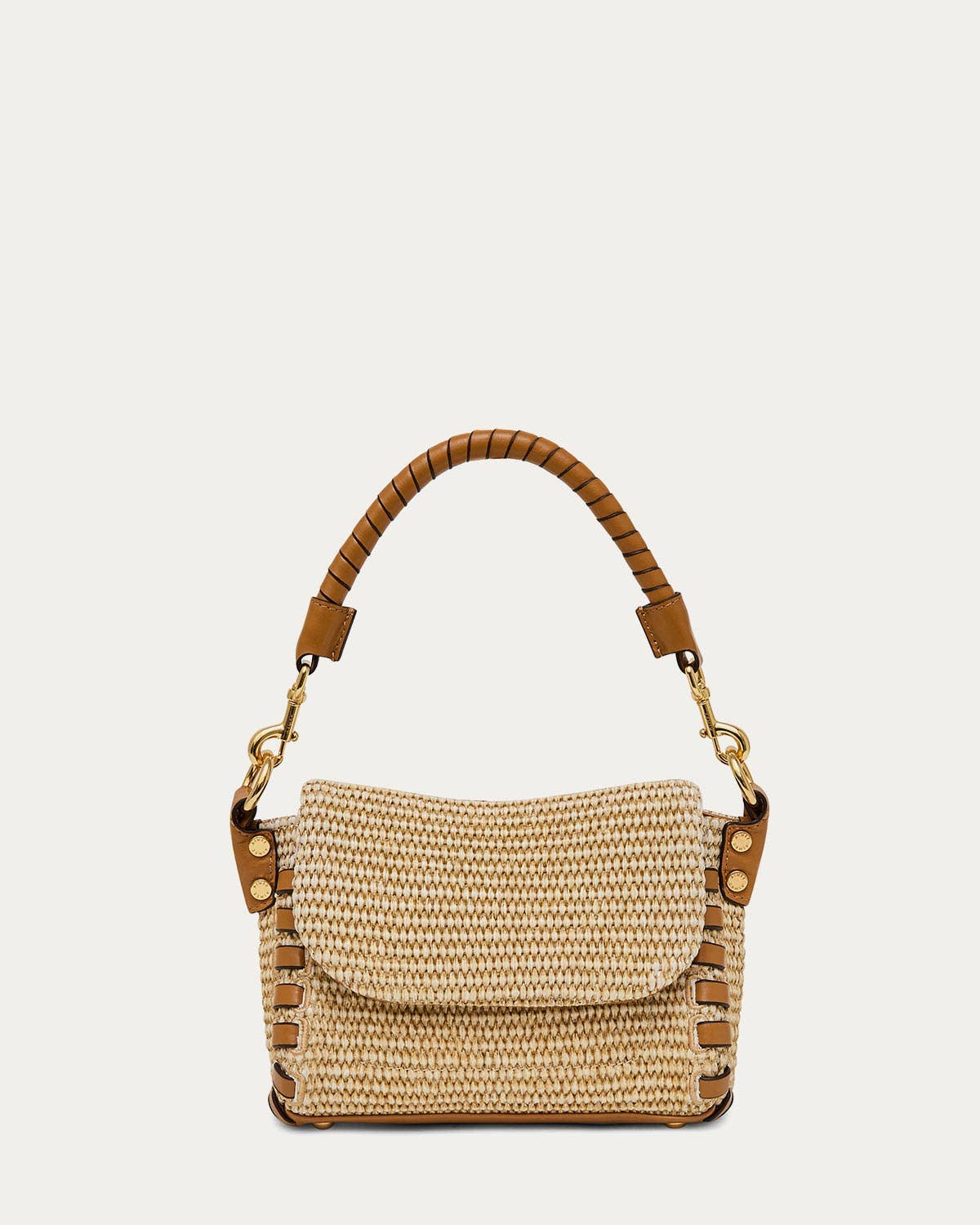 Brown leather mini crossbody bag with gold hardware and flap closure, displayed against a white background.