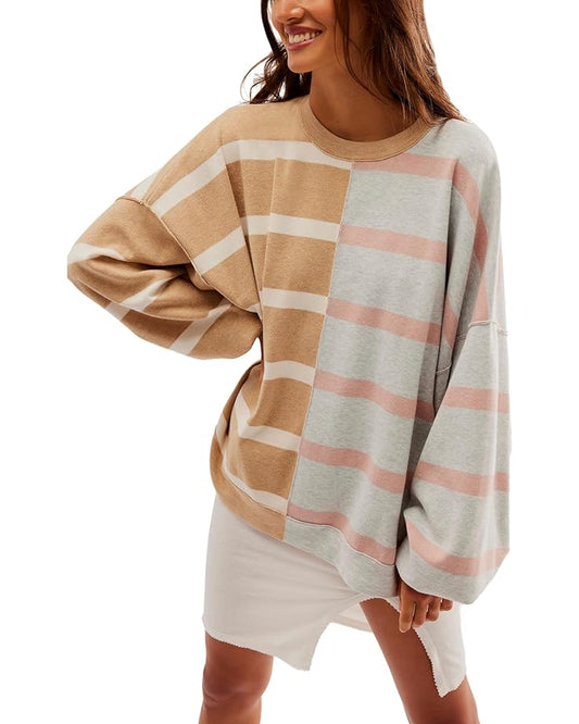 Uptown Stripe Pullover - Camel Grey Combo