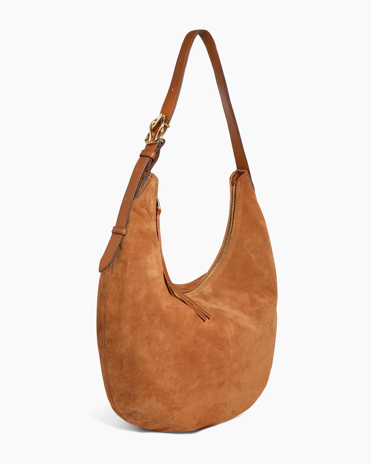 Tan suede hobo bag with a brown adjustable leather strap and gold zipper, designed for everyday use, shown on a white background.