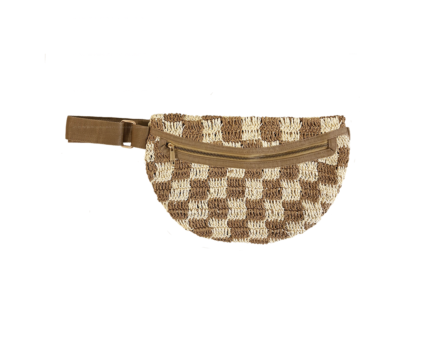 Checkered raffia sling bag with zipper pocket and adjustable strap, displayed against a white background.