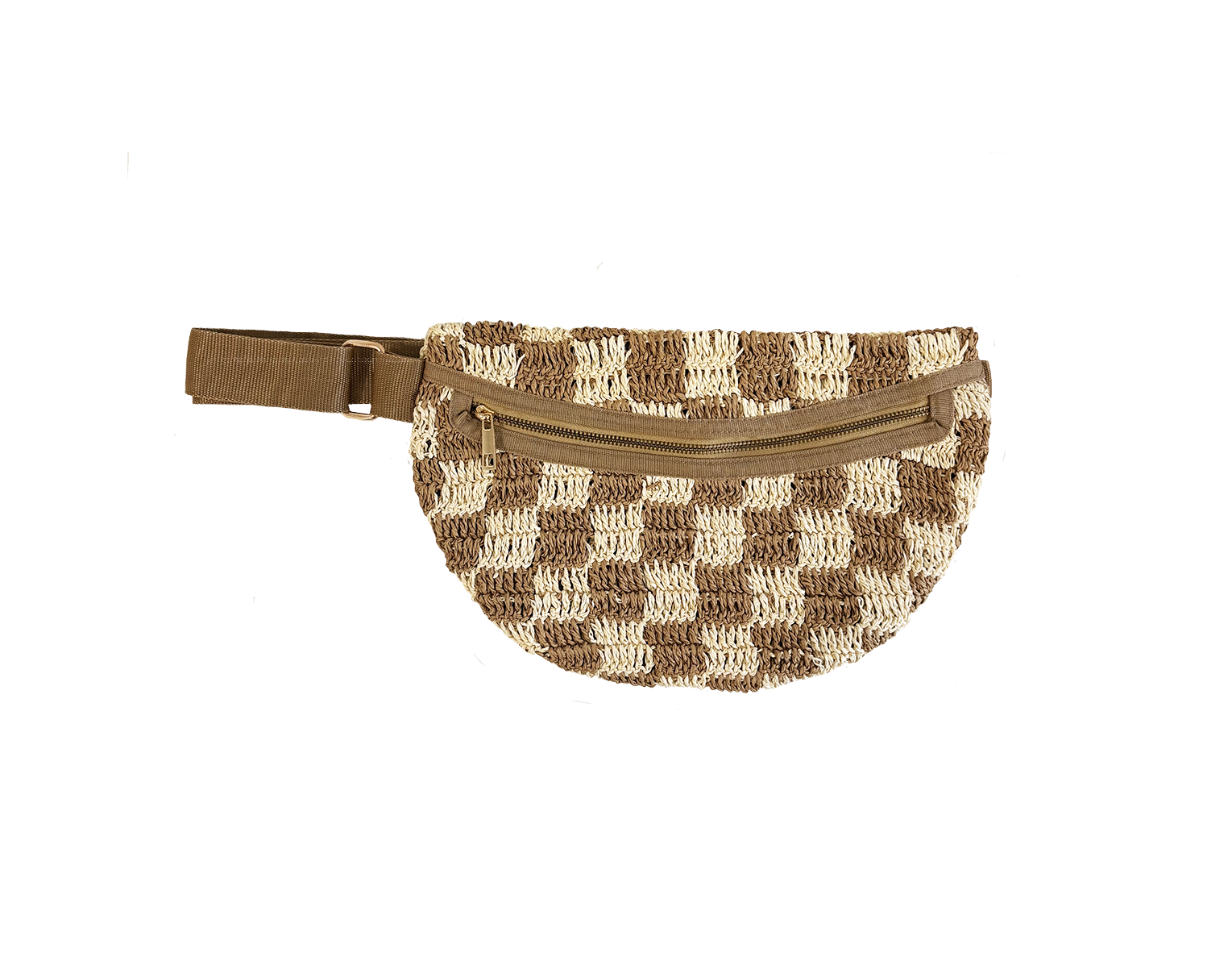 Checkered raffia sling bag with zipper pocket and adjustable strap, displayed against a white background.