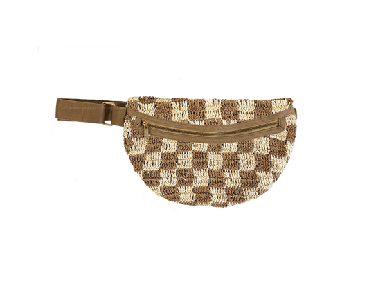 Checkered raffia sling bag with zipper pocket and adjustable strap, displayed against a white background.
