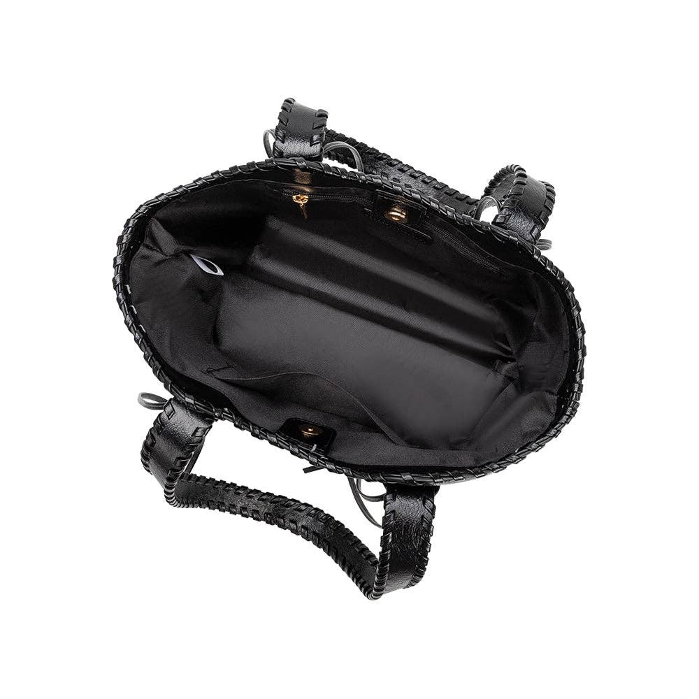 Black recycled vegan shoulder bag with visible inner compartments and detailed stitching, viewed from above.