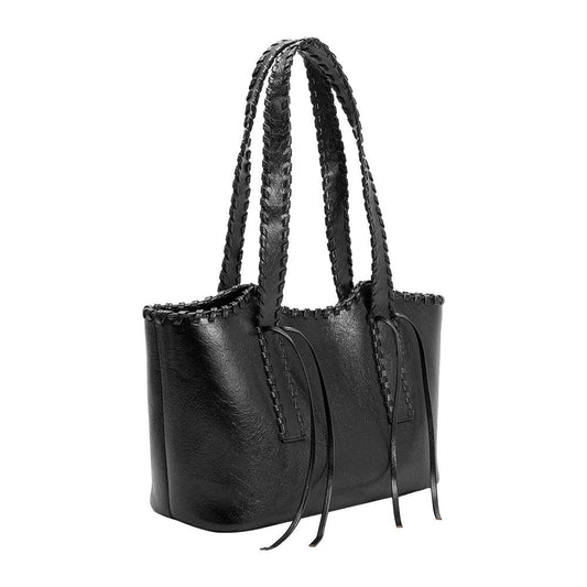 Black recycled vegan shoulder bag with braided handles and tassels, designed for everyday use.