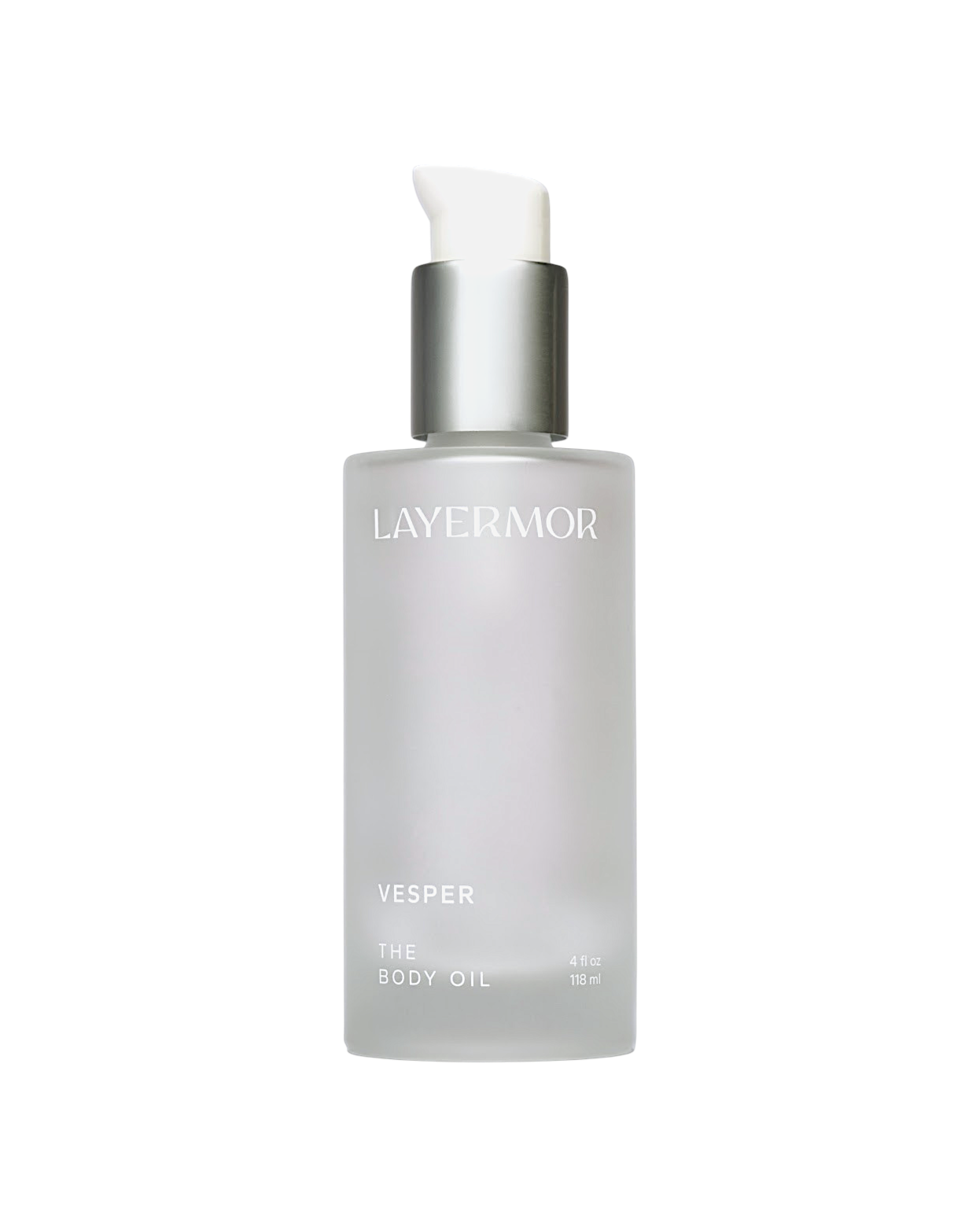 Clear frosted glass bottle of body oil with a silver pump and simple white text, meant for skin hydration.
