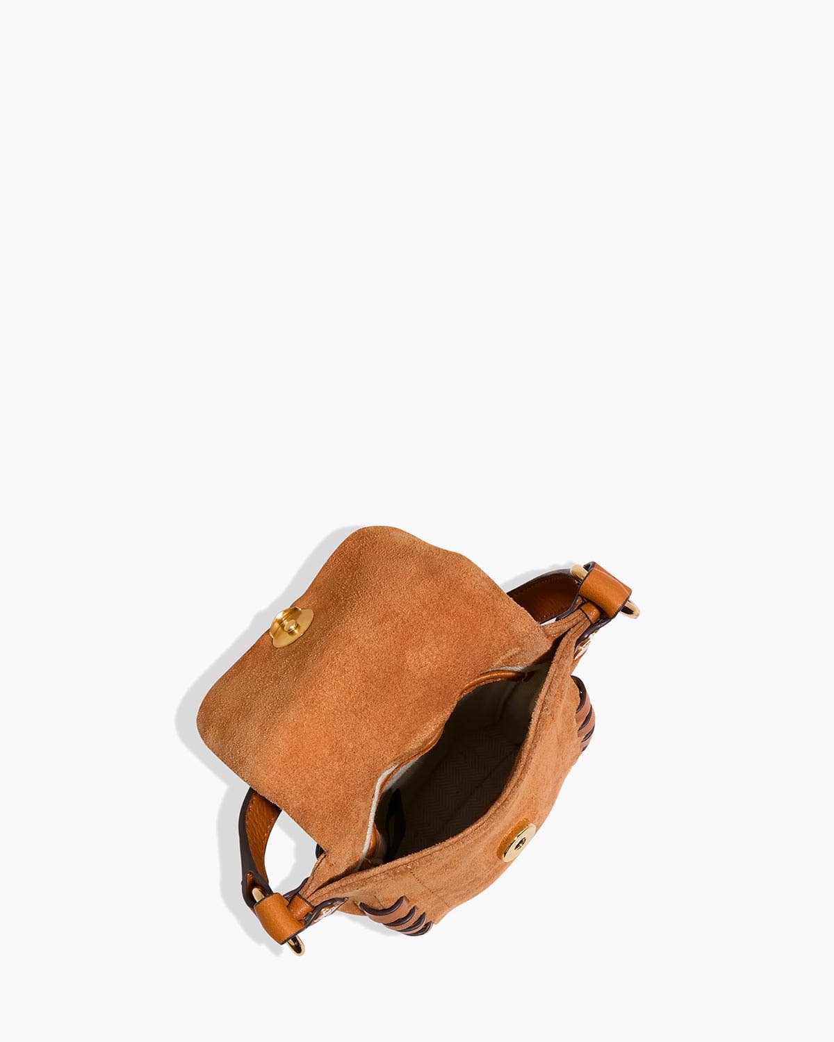 Tan suede leather phone crossbody with a gold clasp and roomy interior compartment for essentials.