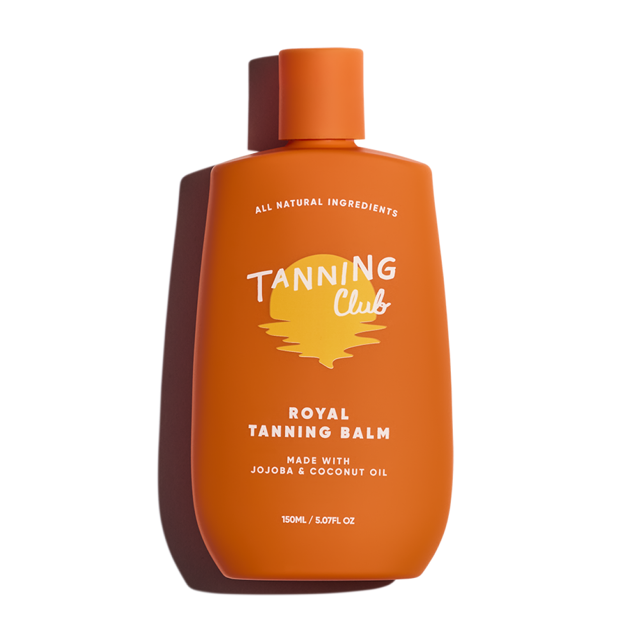 150ml orange bottle of suntan balm with hydrating jojoba and coconut oils for skin care.