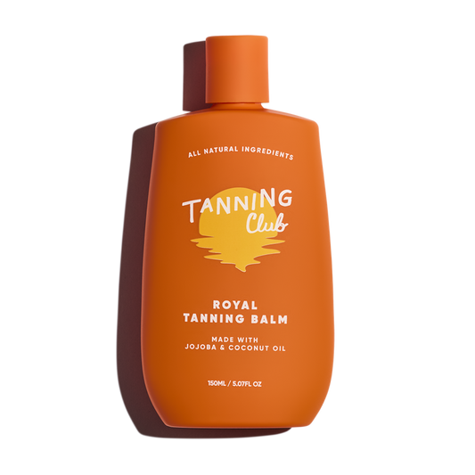 150ml orange bottle of suntan balm with hydrating jojoba and coconut oils for skin care.