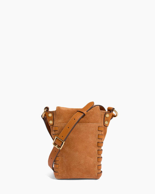 Brown suede leather crossbody phone bag with attached strap for easy carrying.