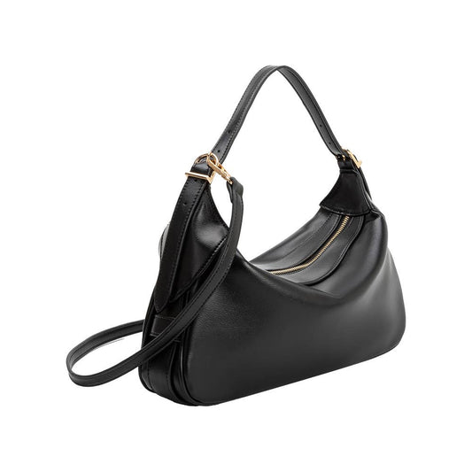Black recycled vegan shoulder bag with gold-tone hardware, zip closure, and optional crossbody strap.