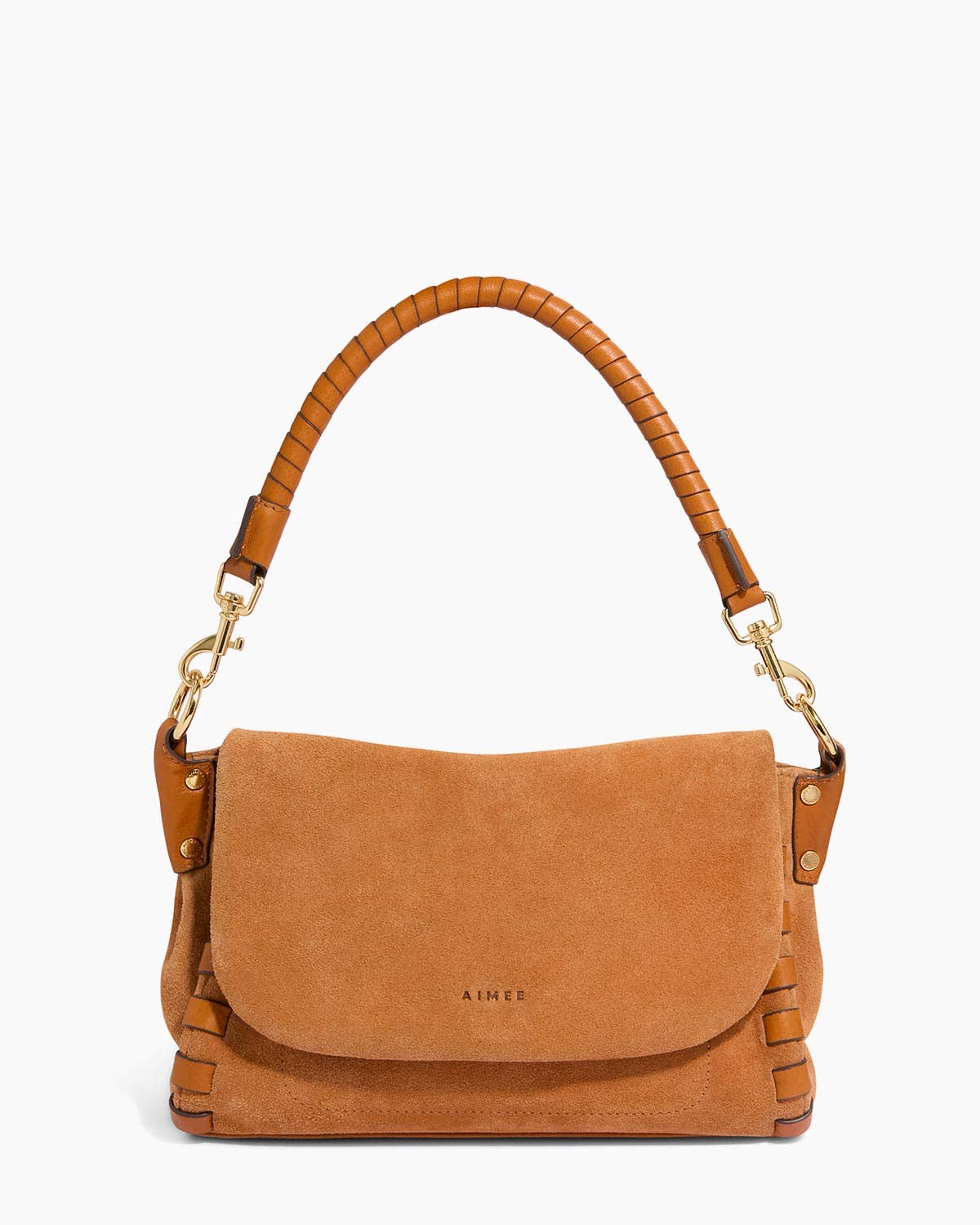 Tan suede crossbody bag with gold hardware, leather handle, and embossed Aimee logo. Suitable for shoulder or hand use.
