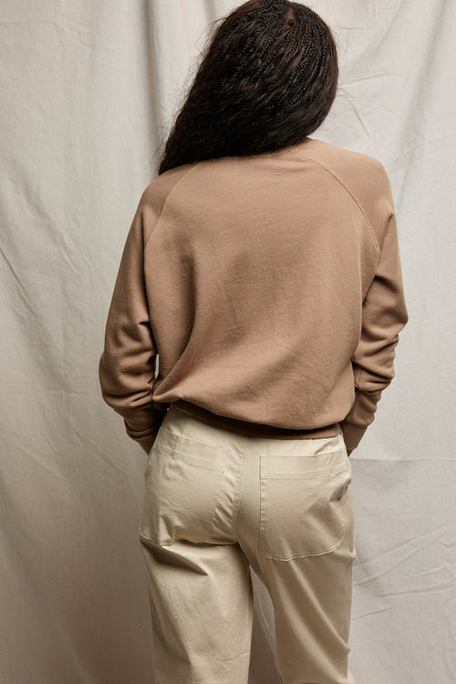 Person with long, dark braids wears a gray cotton sweatshirt, shown from the back.