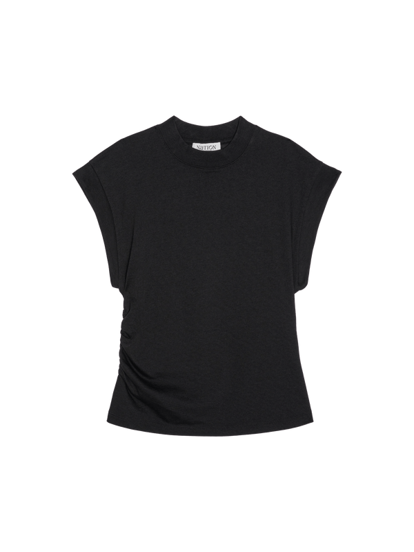 Jet black jersey top with mock neck and side shirring, displayed against a white background for casual or everyday wear.