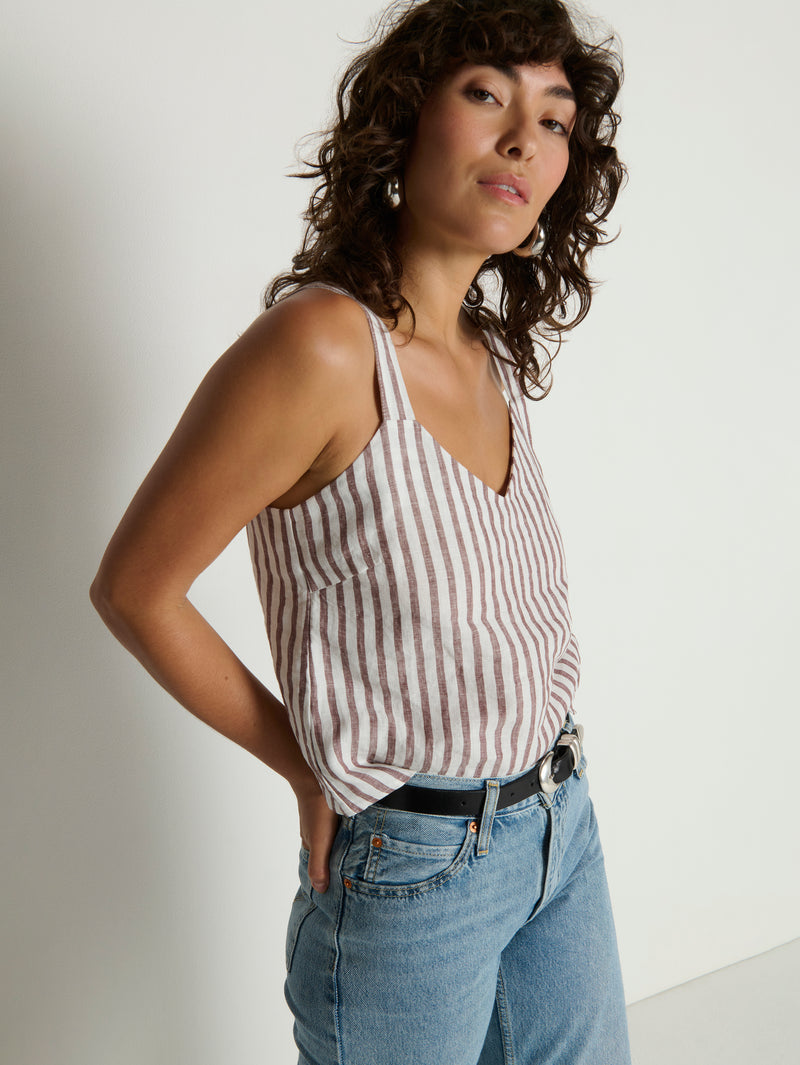 Woman wearing a striped tank top