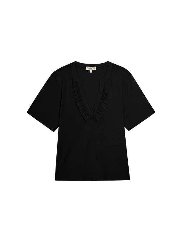 Short-sleeve jet black pima cotton shirt with a ruffled neckline, displayed on a white background.