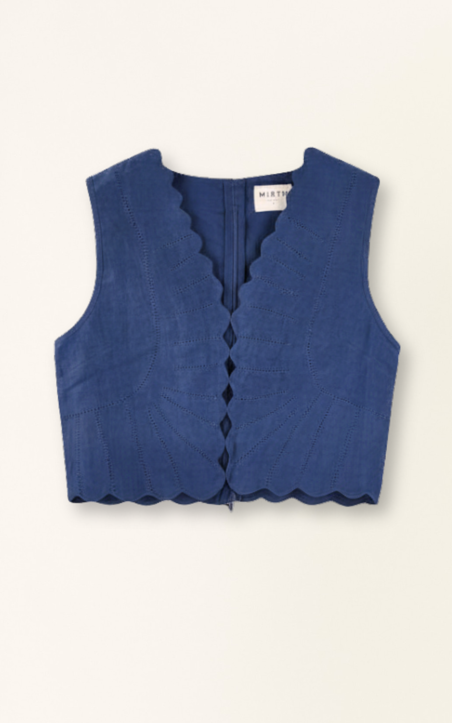 Sleeveless blue cotton-linen cropped top with scalloped V-neck; ideal for warm-weather wear.