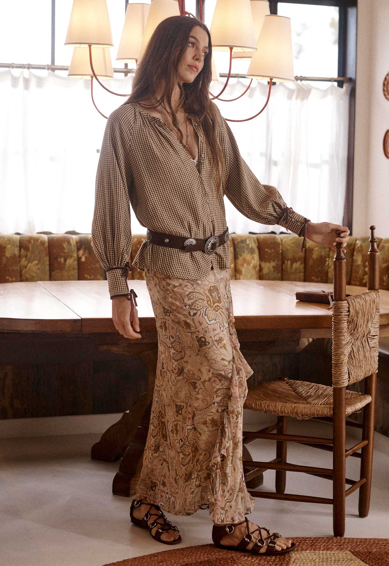 A woman in a patterned skirt 