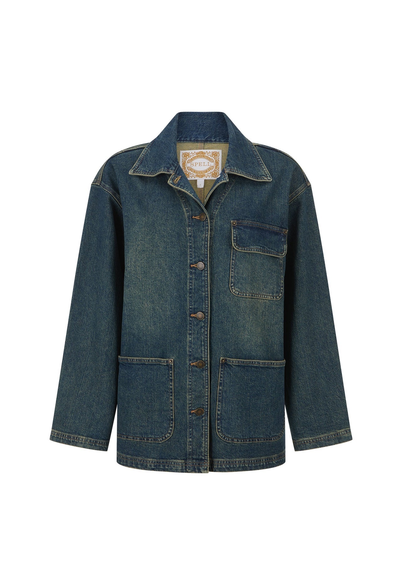 Denim jacket in dirty indigo, made from organic cotton with front buttons, three pockets, and a structured collar.
