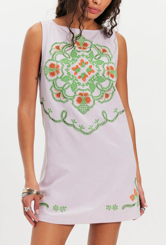 Pale orchid mini dress with green and orange embroidery, lightweight fabric, ideal for casual or summer wear.
