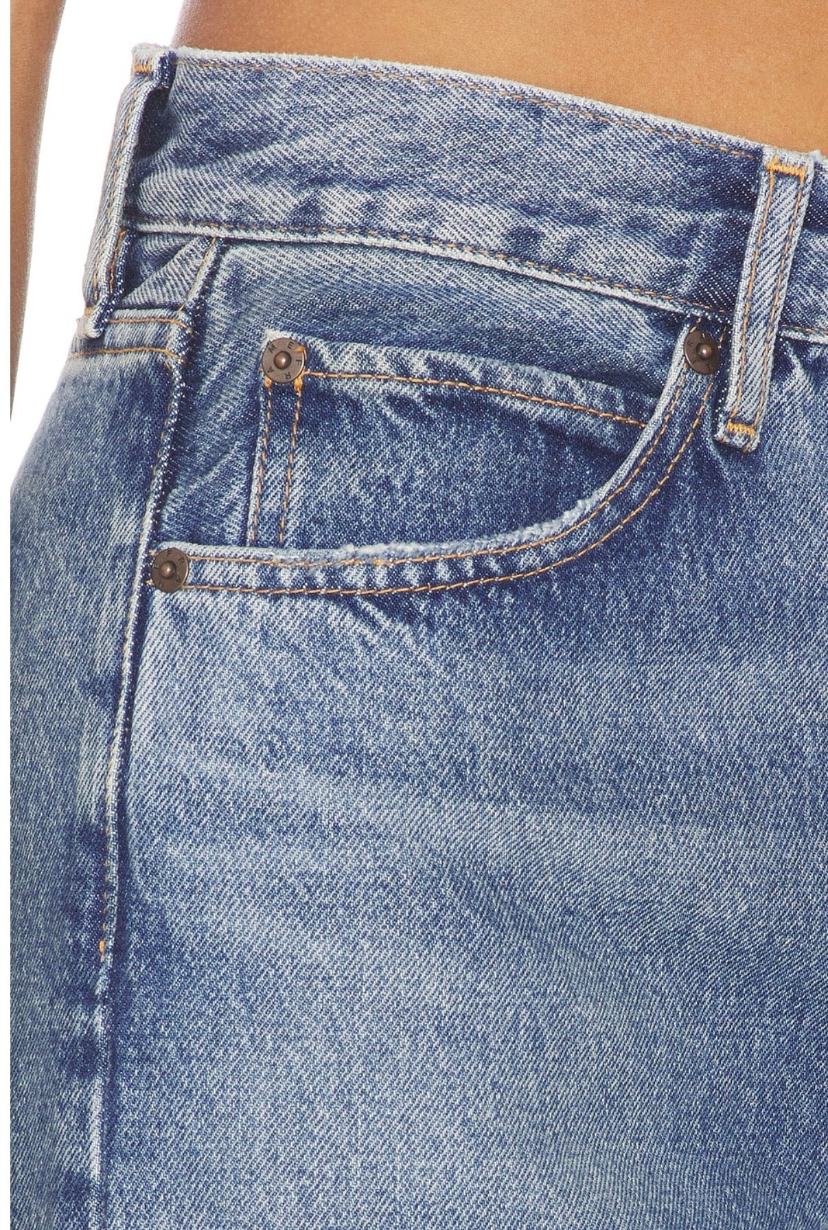 Blue denim jeans with front pocket and waistband detail, classic 5-pocket design for everyday wear.