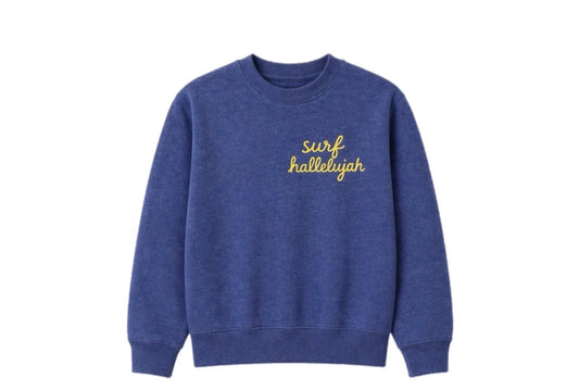 Navy unisex mid-weight sweatshirt with yellow embroidered chest detail, suitable for casual wear.