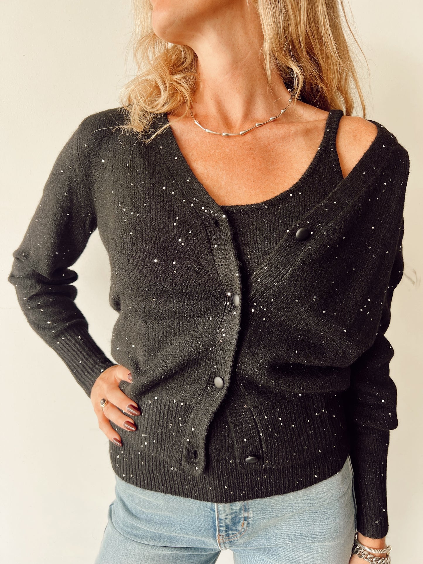 Sparkle Knit Cardigan Set - Black Sparkle