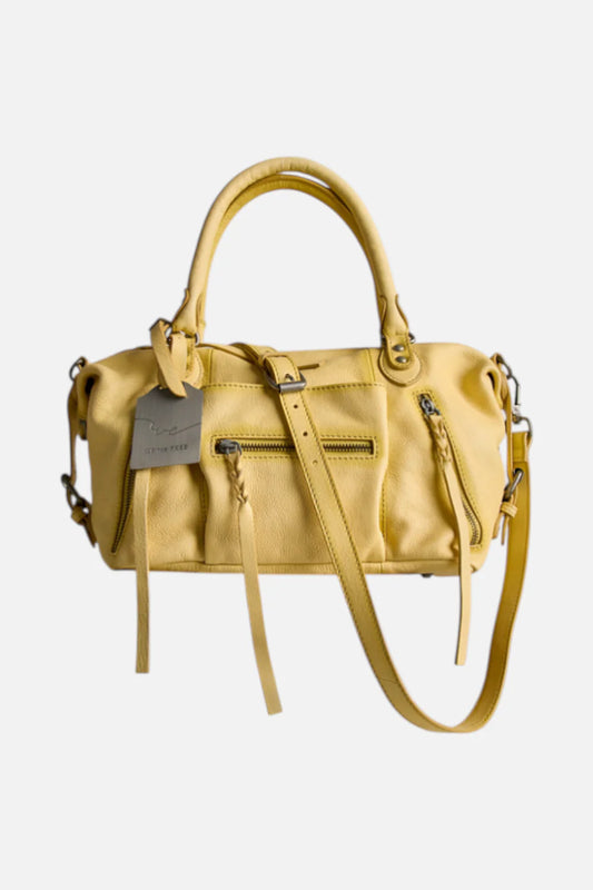 Butter yellow handbag with top handles, front zip pocket, and adjustable strap, designed for everyday use.