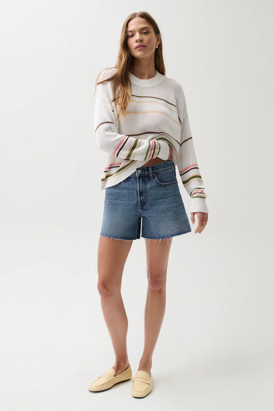 Woman in a striped sweater, mid-rise denim cut-off shorts in cityscape wash, and loafers against a white background.