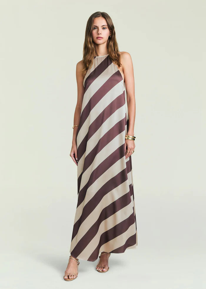 Sleeveless, floor-length striped polyester dress in size S displayed on a woman against a plain background.