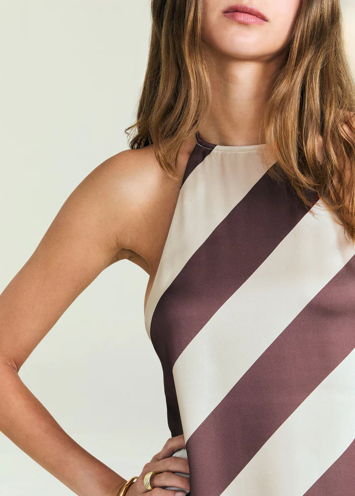 Sleeveless dress with wide brown and cream stripes, shown in size S with hand on hip against a plain background.