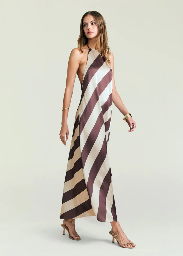 Brown and beige striped polyester maxi dress, size S, paired with strappy heels. Suitable for casual or semi-formal occasions.
