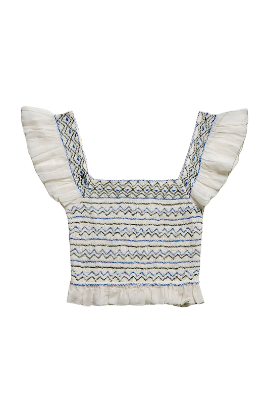 White and blue smocked cotton cropped top with ruffled cap sleeves and square neckline, ideal for casual wear.