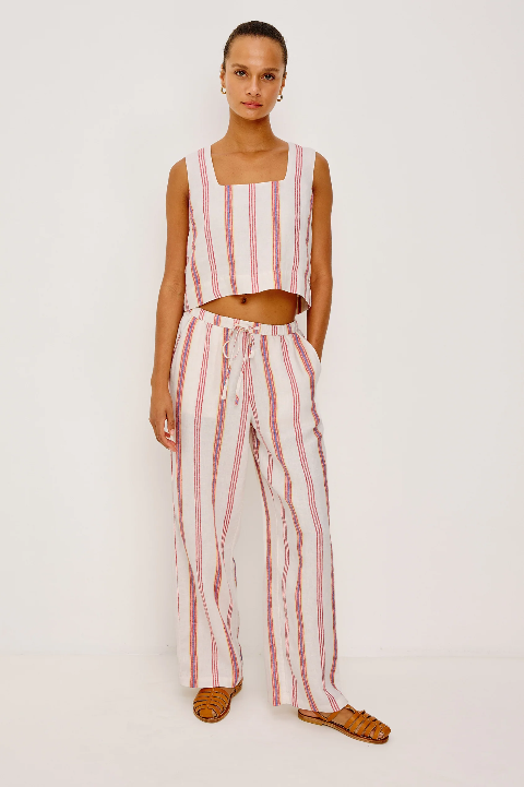 Sleeveless linen top in Primavera Stripe pattern, eco-friendly, suitable for warm weather.
