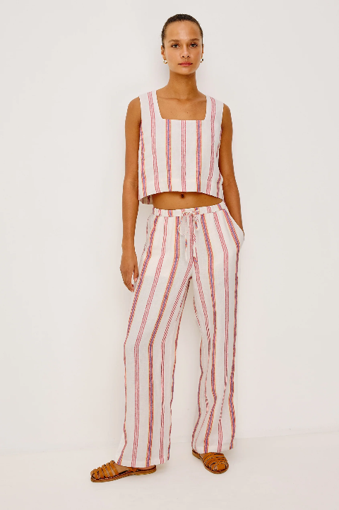 Rails Emmie pants in Primavera stripe, with matching square-neck crop top and sandals; lightweight, suitable for warm weather.