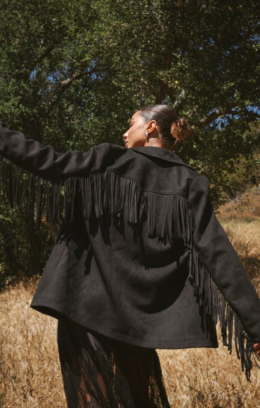 Sierra Fringe Jacket - Black Faux Suede
