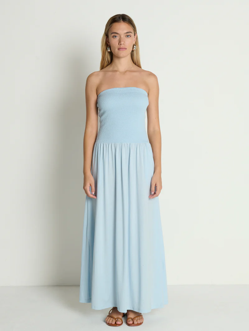 light blue tube dress Taylor Maxi Dress, in Steel Luxe Satin, Size: Medium | Show Me Your Mumu comfortable fabric that hugs the body Can be worn with Light Blue Cotton Eyelet Mini