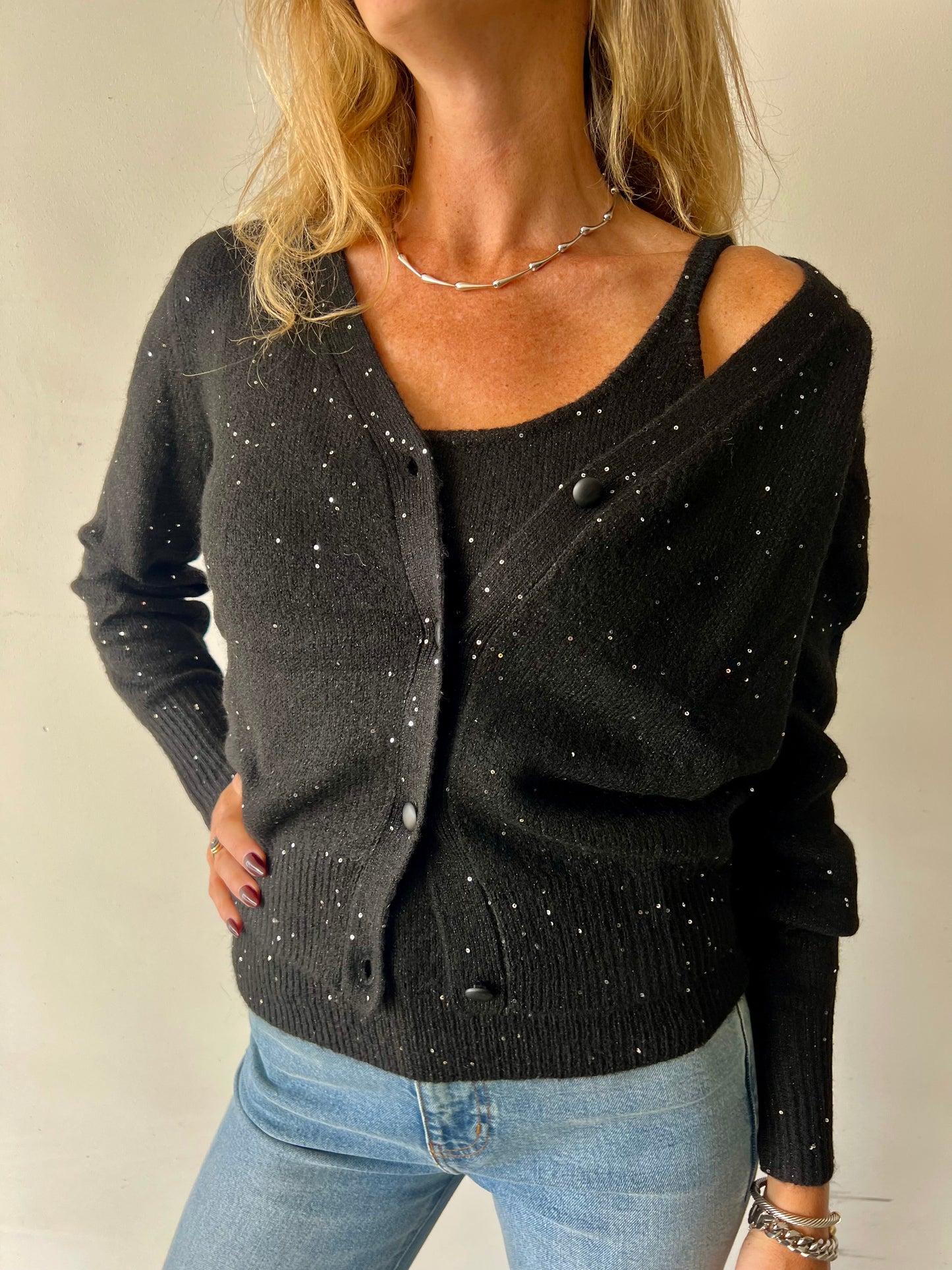 Sparkle Knit Cardigan Set - Black Sparkle