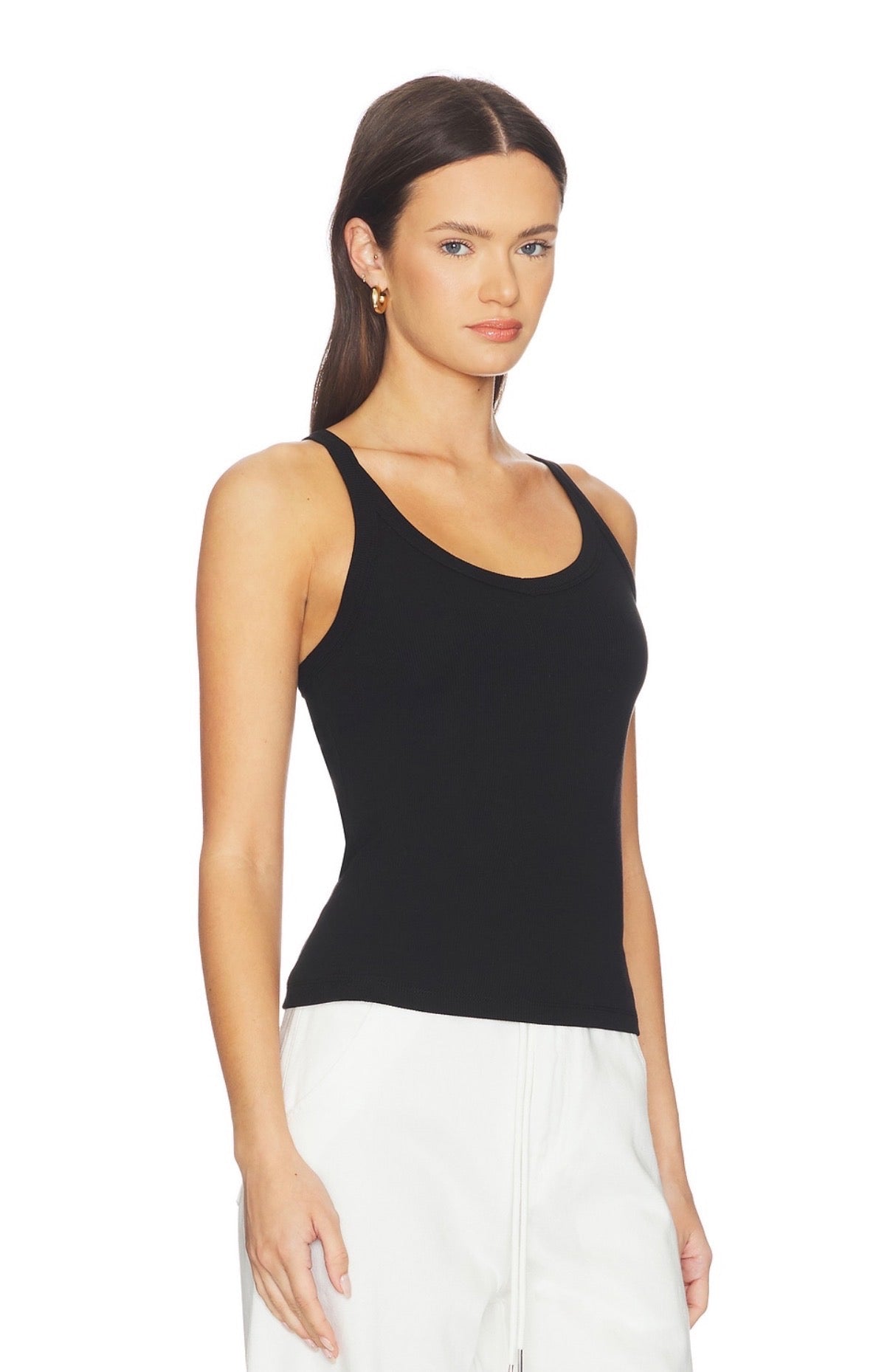 Woman in a black tank top