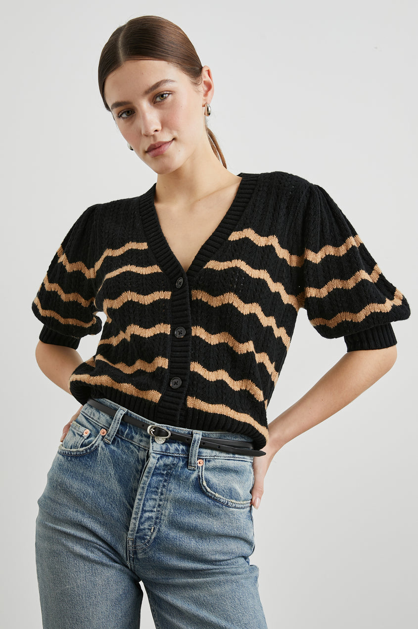 Isla Cardigan - Black Camel Stripe