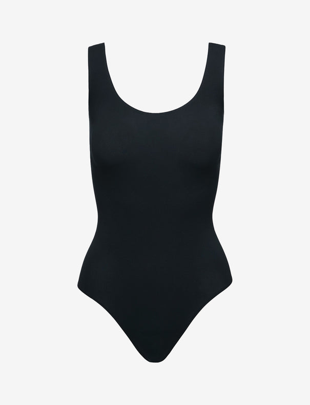 Black tank bodysuit with scoop neck and high-cut legs, stretch fabric, displayed against a white background.