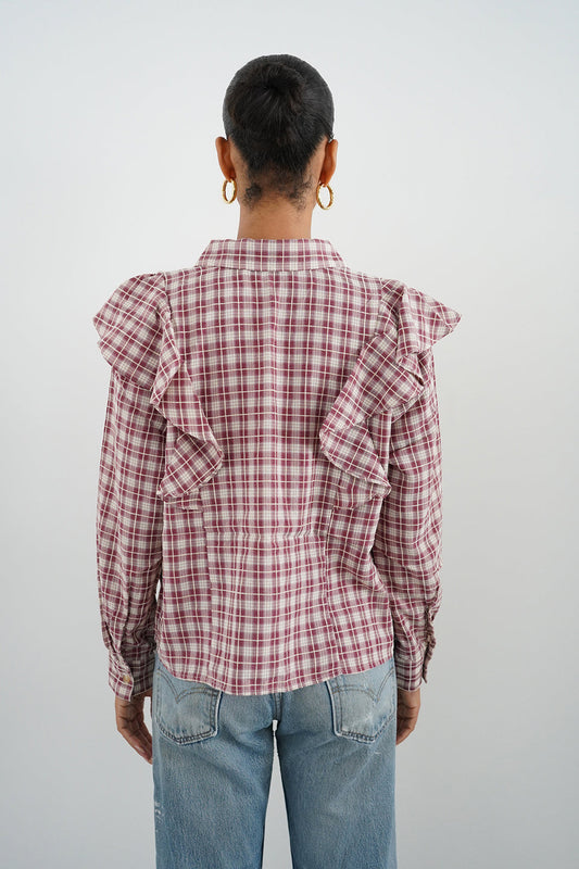 Dru Ruffle Front Blouse - Mulberry Plaid