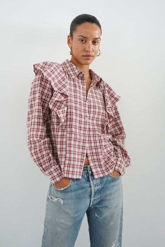 Dru Ruffle Front Blouse - Mulberry Plaid