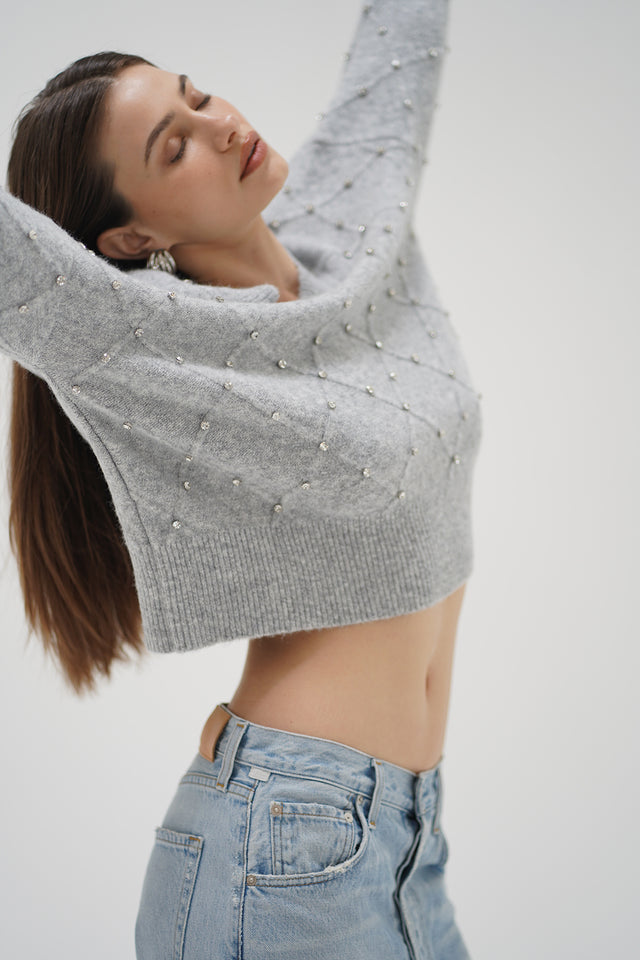 Norma Rhinestone Sweater - Silver Grey