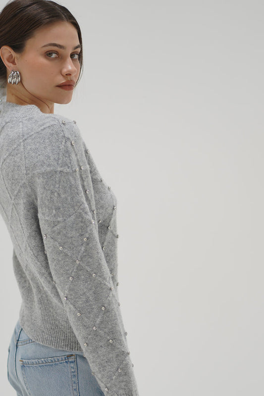 Norma Rhinestone Sweater - Silver Grey