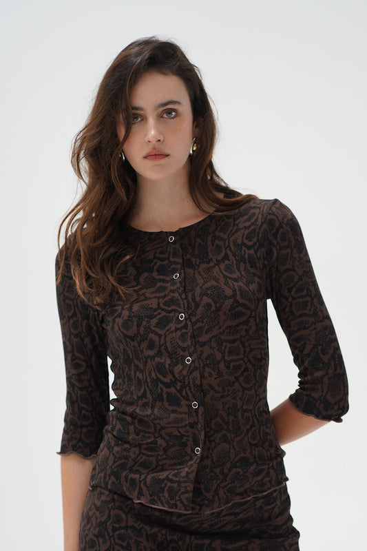 Snap Ribbed Cardigan - Chocolate Python