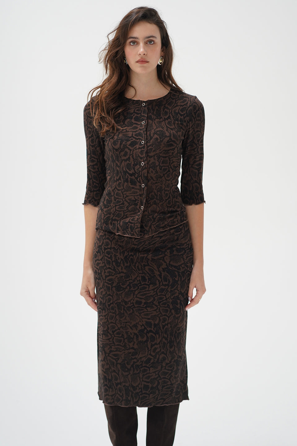 Snap Ribbed Cardigan - Chocolate Python