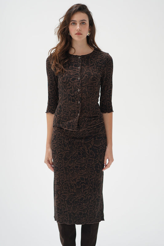 Snap Ribbed Cardigan - Chocolate Python