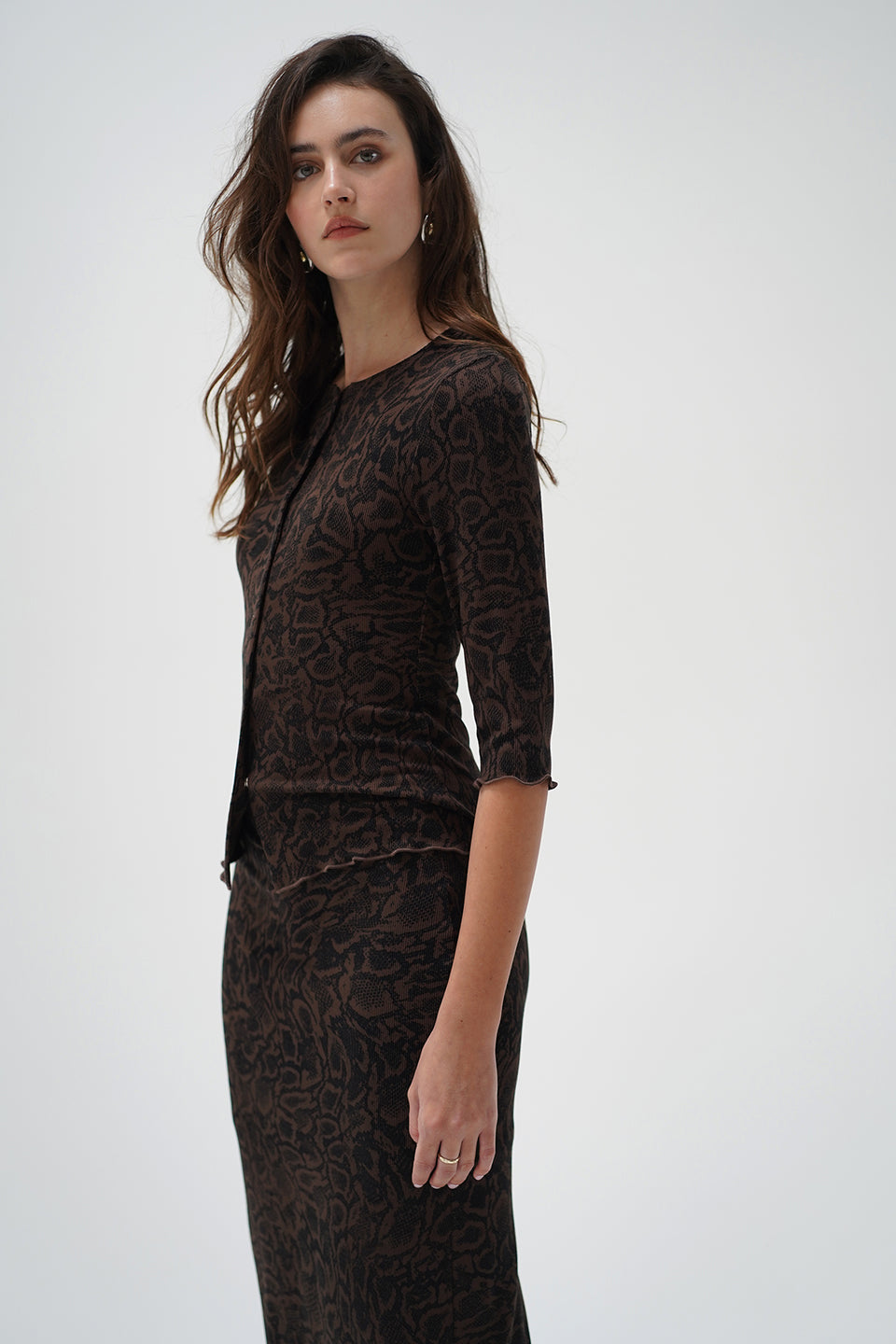 Snap Ribbed Cardigan - Chocolate Python
